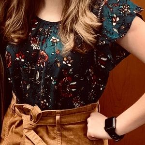 Floral Tied Dark Blue Flowy Sleeve Blouse